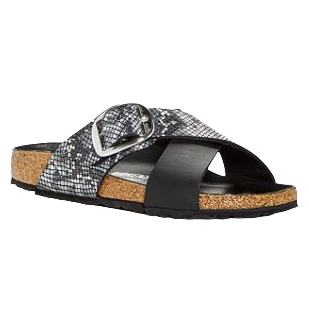 Birkenstock Siena Python Black Big Buckle Slide Sandals Size 38 Narrow/US 7-7.5